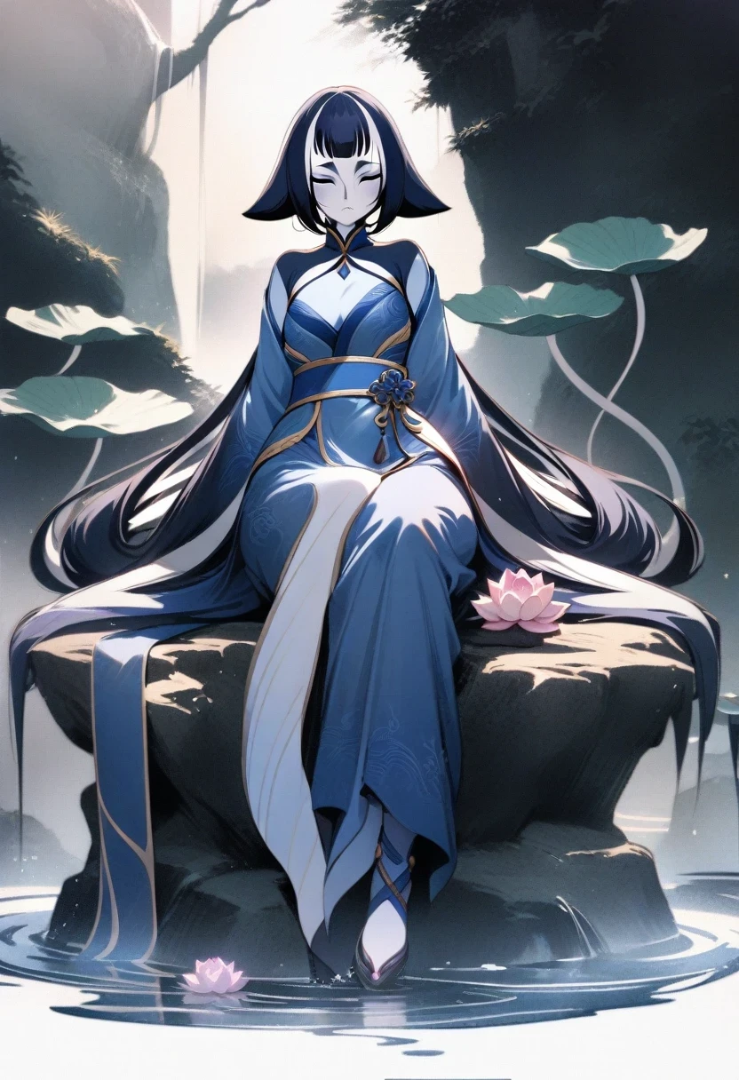 (shylily/(Twich/):1.5),(masterpiece:1.2),(best quality:1.2),, (1girl:1.3),Ancient Chinese beauty sitting on a stone, Wearing Chinese clothing, flowing tulle, Light Silk, Lazy posture, large lotus leaf, lotus, Ink painting style, Clean colors, Decisive felling, Blank, Mode, masterpiece, Ultra Detailed, Epic creation, high quality, Highest quality, 4k 