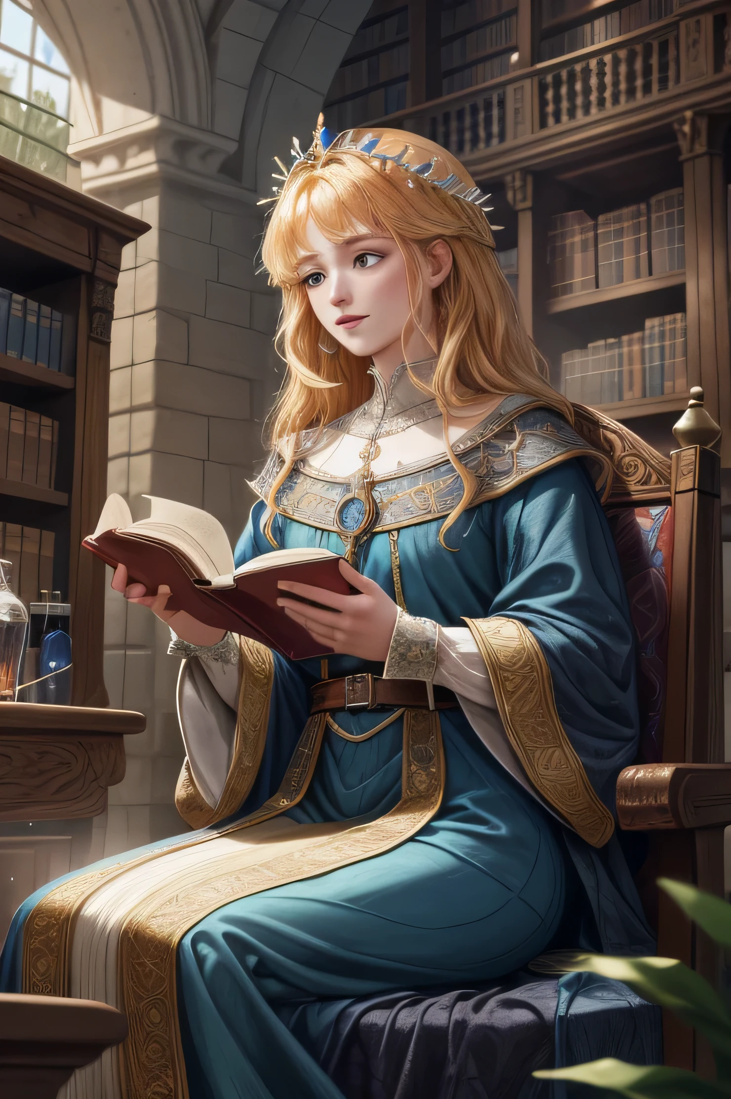 (Absurdres, Intricate Details, Masterpiece, Best Quality, High Resolution, 8k), library for magician, Potion, mana, healing spell, water healing, castle library, magic sword, building of library in medieval, mrdieval castle. 