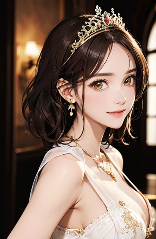 Princess , in castle , detailed hand , high quality, super quality, detailed face, beautiful woman , golden eyes, long hair , mega breast , gorgeous dress, tiara, necklace , earring , sharpe eyebrow , (brown hair:1.4), arching back, back view , smile , looking at camera