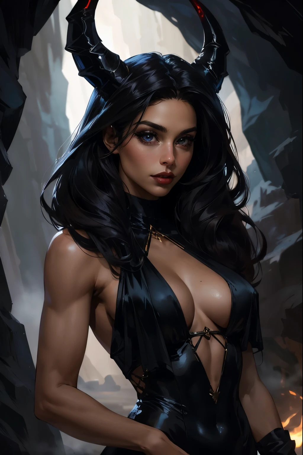 Masterpiece, Sarah Shahi, upper body shot, standing in dark cave, wearing black sexy silk dress, horns on head, perfect detailed eyes, red lips, particles, fog, evil face,