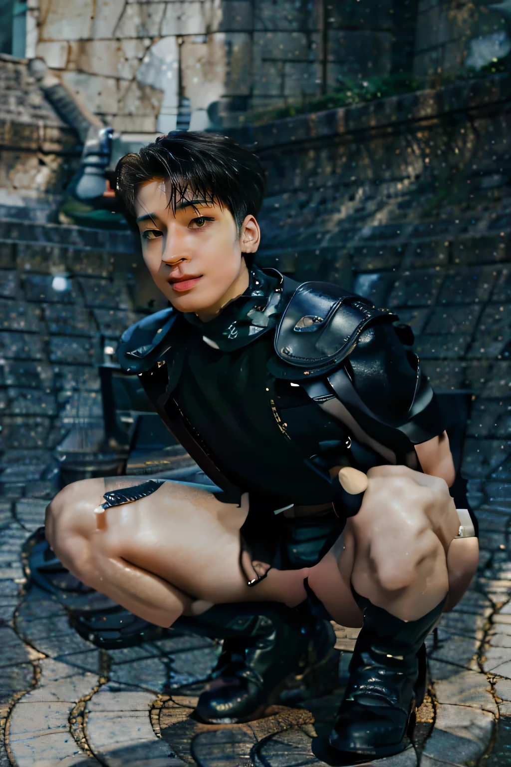 Realism, master-piece, intricate detailed, detailed background, deep depth of field, muscular, Photograph of a handsome young man (wonwoo of seventeen looks like a K-pop idol), 20yo, rubber collar shirt, Shiny latex, Combat stances, Dynamic Poses, Andante, Spanish, Full-length portraits, Black Boots, Hold a bow., There is an arrow on the back., On the streets of the medieval city, (short white hair), It has a touch of mystery and magic., Dark clouds, and lightning fell to the ground. Pao complains, Fair-skinned, pale,