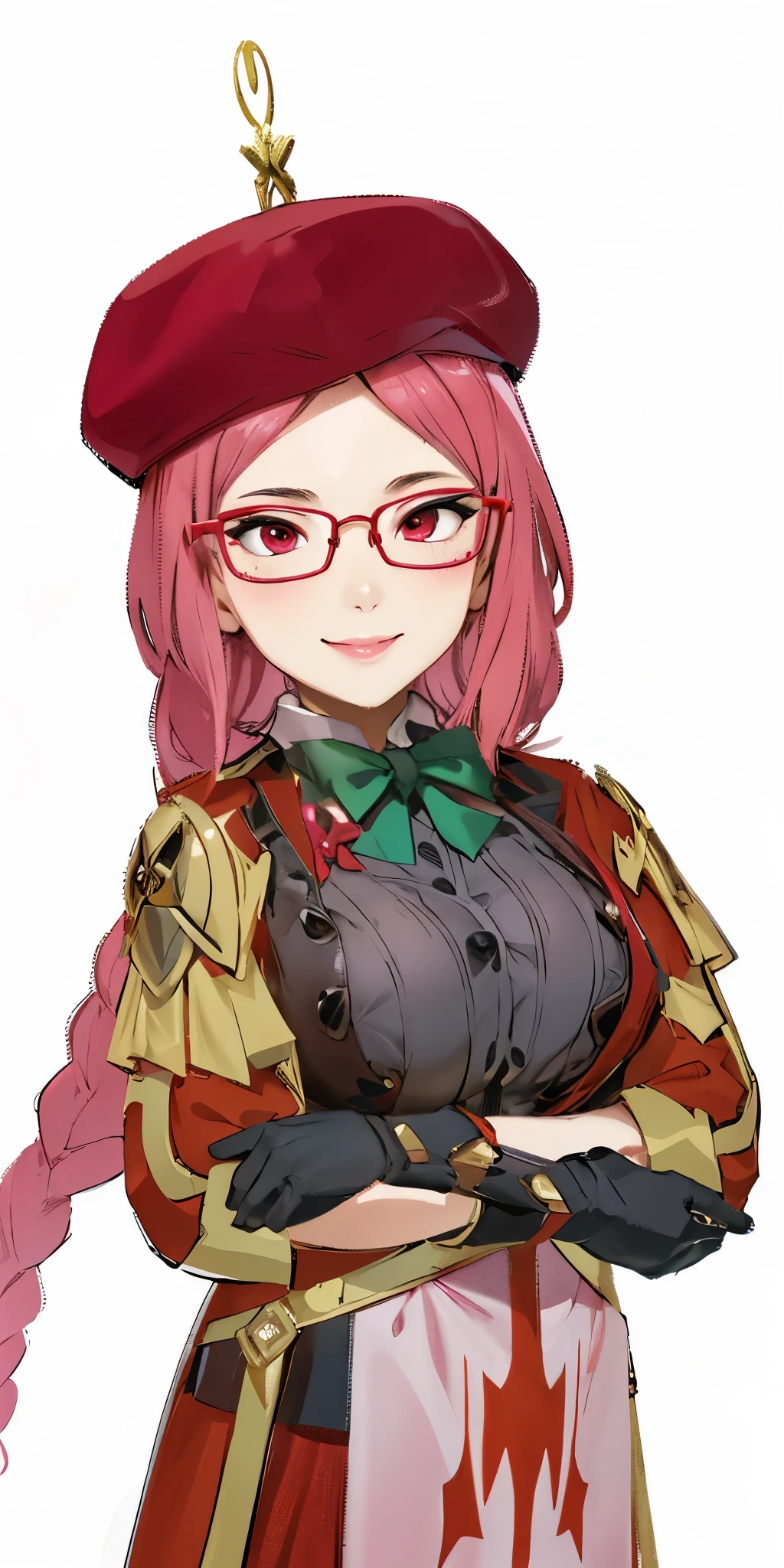 Cross your arms,Fearless smile,intellectual,scholar,Big Breasts,Large Breasts,Cleavage,Long eyelashes,lipstick,beautiful girl,Twenty years old,Red Eyes,Red clothes,Glasses,hat,Green bow tie,Pink Hair,Braid,4k,8k,highest quality
