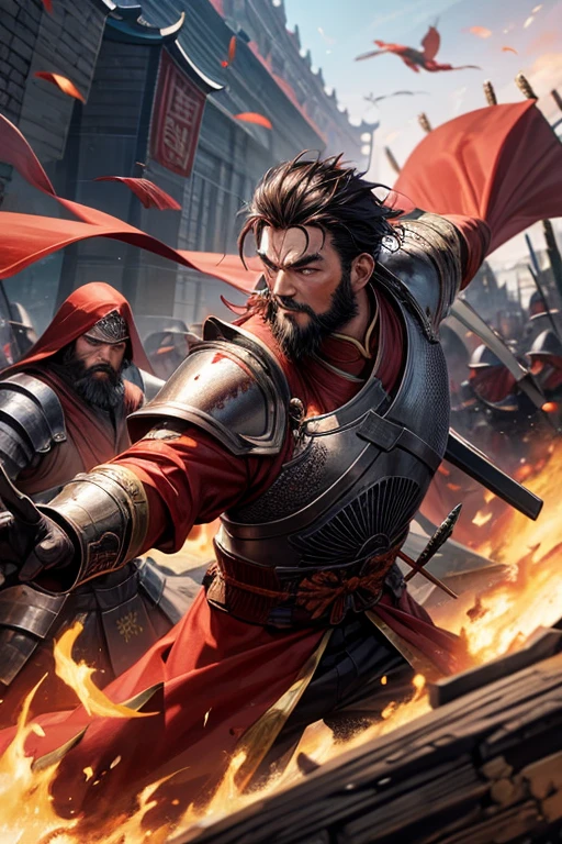 a chinese man,Wearing armor and red robe,grow beard,impulse、vicious,Scene on the battlefield,Being chased by thousands of troops