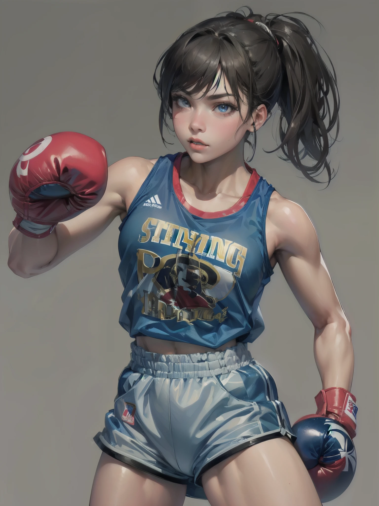 high quality,HD,16k,sharp lines,1 girl,Female boxing athlete ,cute face, large breasts, nice legs,At the boxing venue,focus girl,detailed beautiful face,detailed clothes,beautiful eyes,cool,dynamic angle