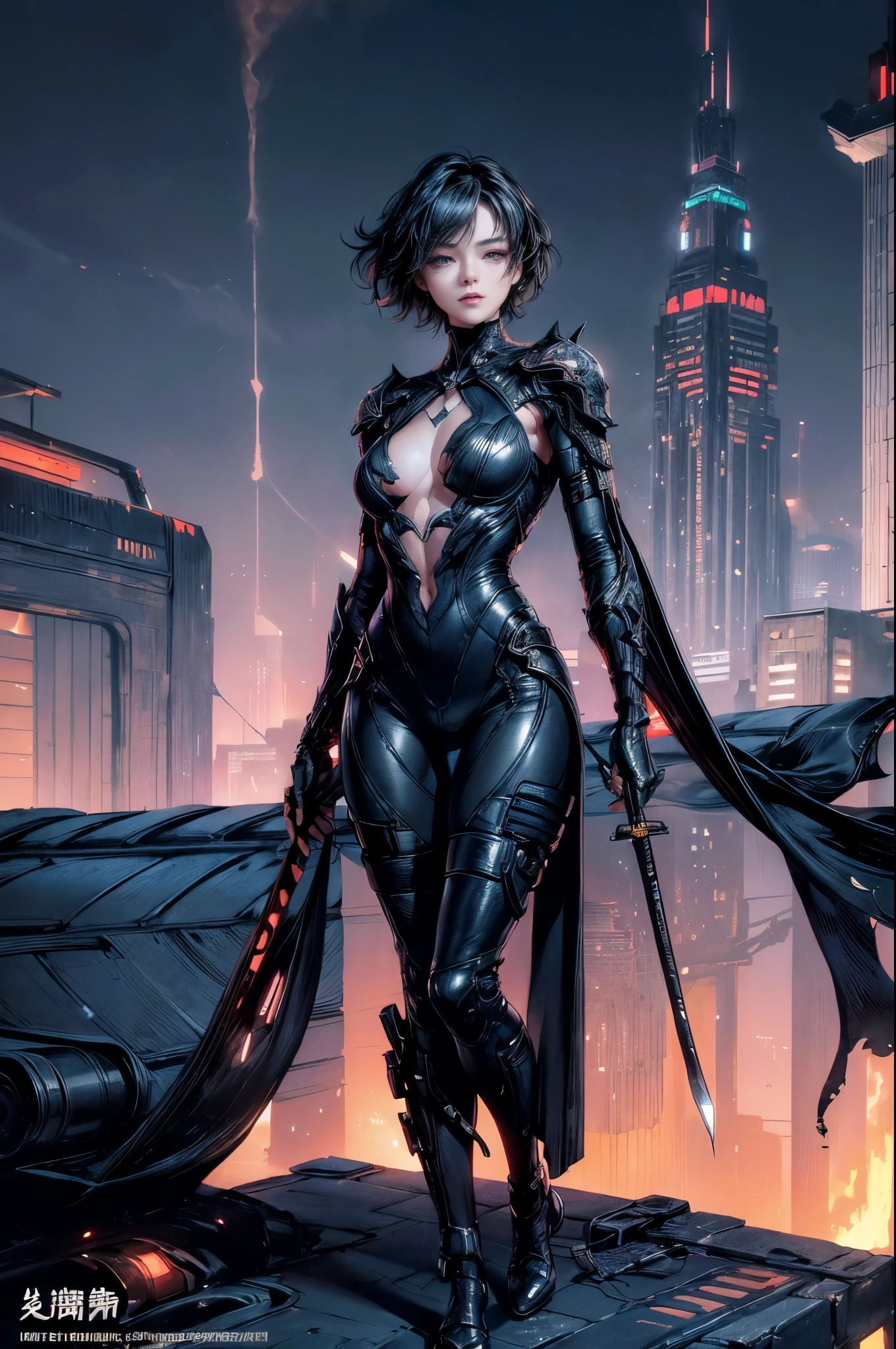 Cinema Lighting,Highly detailed skin、Beautiful quality with attention to detail,cyber punk,(replace、Dim color, Calm tone、Perfect Anatomy:1.3),(1 Beautiful Woman、Beautiful facial features down to the last detail、solo:1.3)(Black short hair)Smile a little、(1 Hold a samurai blade in your hand)break. Tight black leather suit、Catwoman-like、 break.night中(night、Futuristic city building rooftop、A fire broke out in a nearby building.)、Full body portrait、Photographed to look up、Beautiful standing posture
