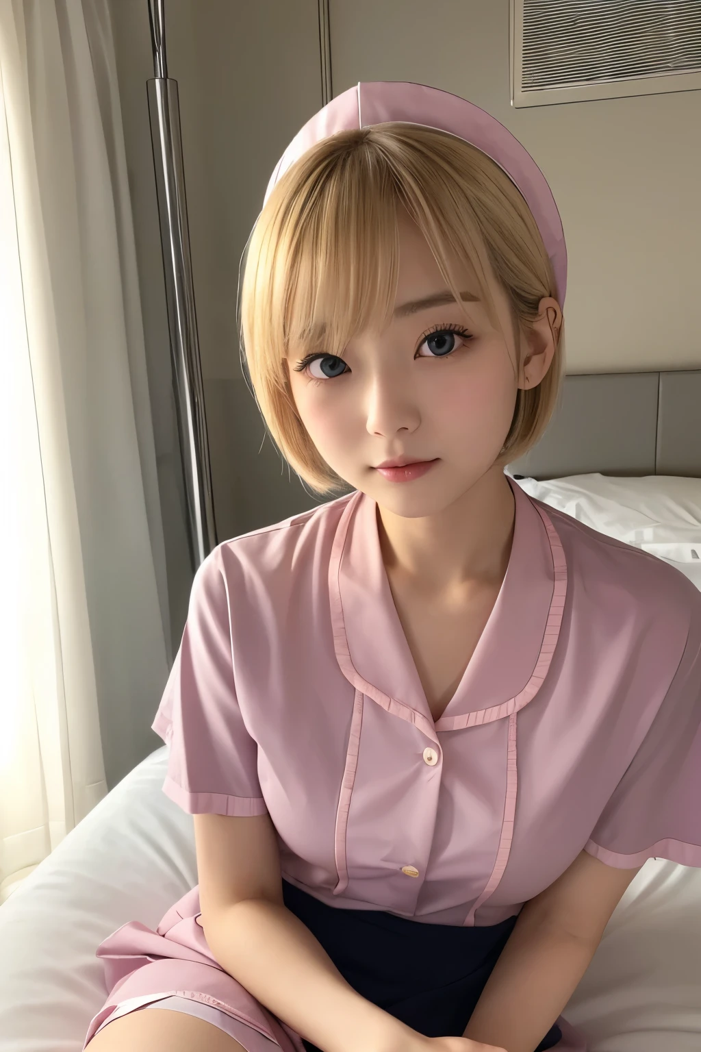 (1 Girl)、(Beautiful Japanese、18years old,round face、Refreshing、clear、seems kind、stylish、Pitiful、cute like an angel、cute、black eyes、,actress,Almond-shaped eyes), Good style , (Beautiful big breasts:1.0),(soft breasts),(very cute),(Blonde),(short bob hair),(enchanting eyes),(highlight on eyes:1.2)、(8K、Live shooting、highest quality、masterpiece:1.2、optimal lighting)、((masterpiece)),(Photo taken by a professional photographer),(real、photo real:1.4),break,{ (pink nurse costume),(((taraditional nurse uniform))),(pink nurse mini skirt),(( pantyhose)),(cleavage:0.7)},(Shy:1.4),(cheeks are red:1.2), break, break,Hospital,Face shot、Hospital room、Hospital bed、Tablet medicine