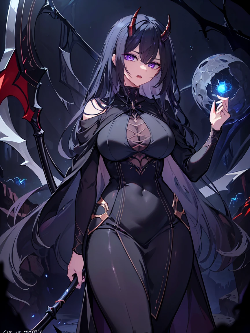 (Uhd, Masterpiece, Textured Skin, Super Detail, High Details, High Quality, Best Quality), Detailed Face, 1woman, mature pretty woman, ((wide hips, thick thighs)), ((Long Dark Blue eyes hair)), ((Black Sexy Rpg dress), (Pants), (Spider, Web, Silk), Thin Horns, (standing, inside a dark cave full of cobwebs), (Holding a Scythe)