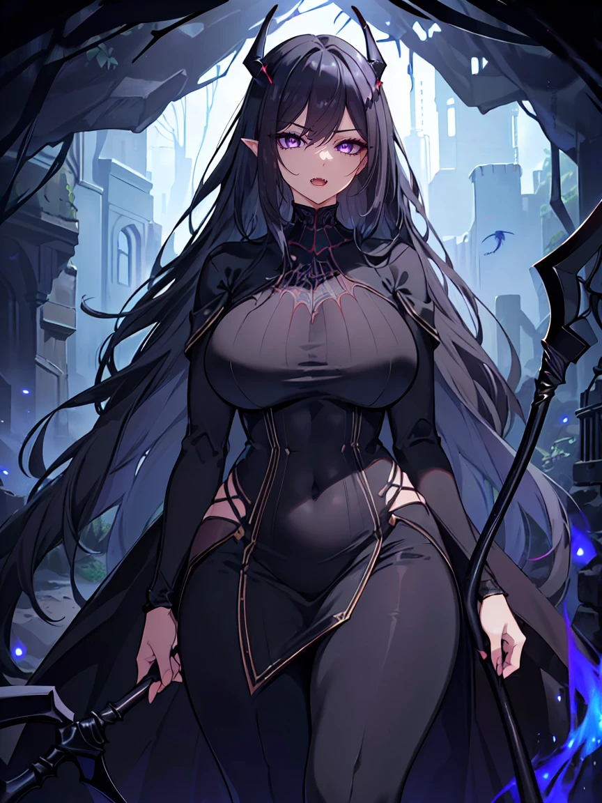 (Uhd, Masterpiece, Textured Skin, Super Detail, High Details, High Quality, Best Quality), Detailed Face, 1woman, mature pretty woman, ((wide hips, thick thighs)), ((Long Dark Blue eyes hair)), ((Black Sexy Rpg dress), (Pants), (Spider, Web, Silk), Thin Horns, (standing, inside a dark cave full of cobwebs), (Holding a Scythe)