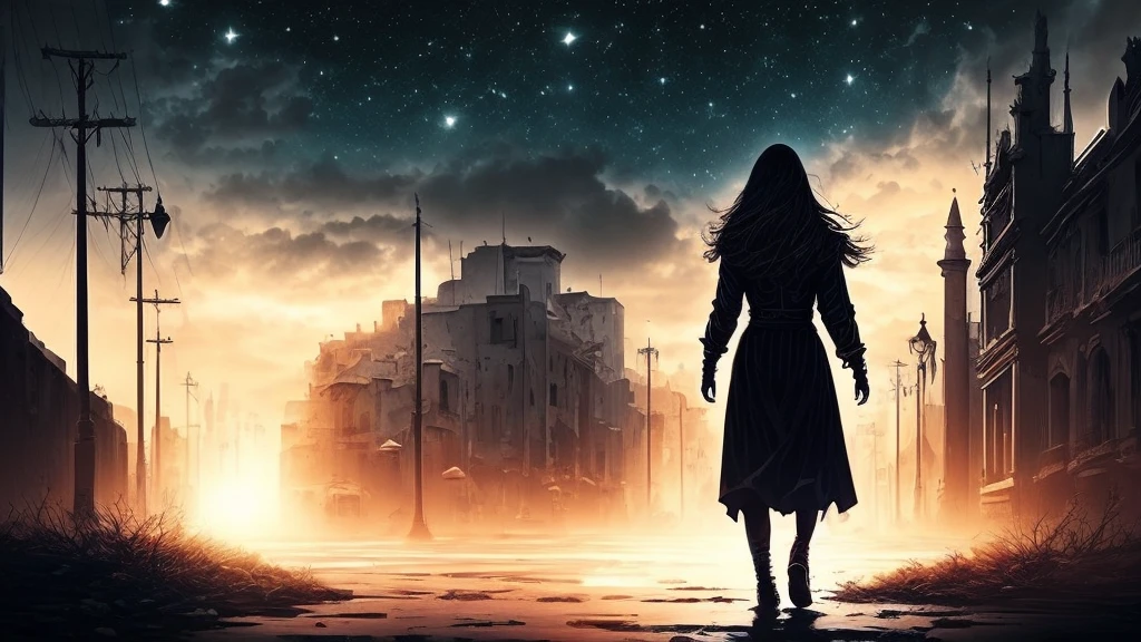 Na calada da noite, under a starry sky covered by dark clouds, a lone figure emerges from the shadows. Her footsteps echo in the silence as she wanders the dark alleys of an abandoned city.. Your eyes are wide open, captando cada detalhe do ambiente hostil ao seu redor, while the tension manifests in your expression. Who is this figure? O que a trouxe a este lugar desolado? And what is she searching for in the depths of darkness?