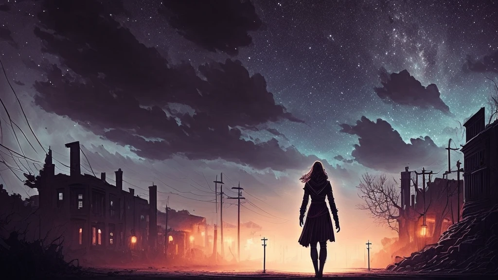 Na calada da noite, under a starry sky covered by dark clouds, a lone figure emerges from the shadows. Her footsteps echo in the silence as she wanders the dark alleys of an abandoned city.. Your eyes are wide open, captando cada detalhe do ambiente hostil ao seu redor, while the tension manifests in your expression. Who is this figure? O que a trouxe a este lugar desolado? And what is she searching for in the depths of darkness?