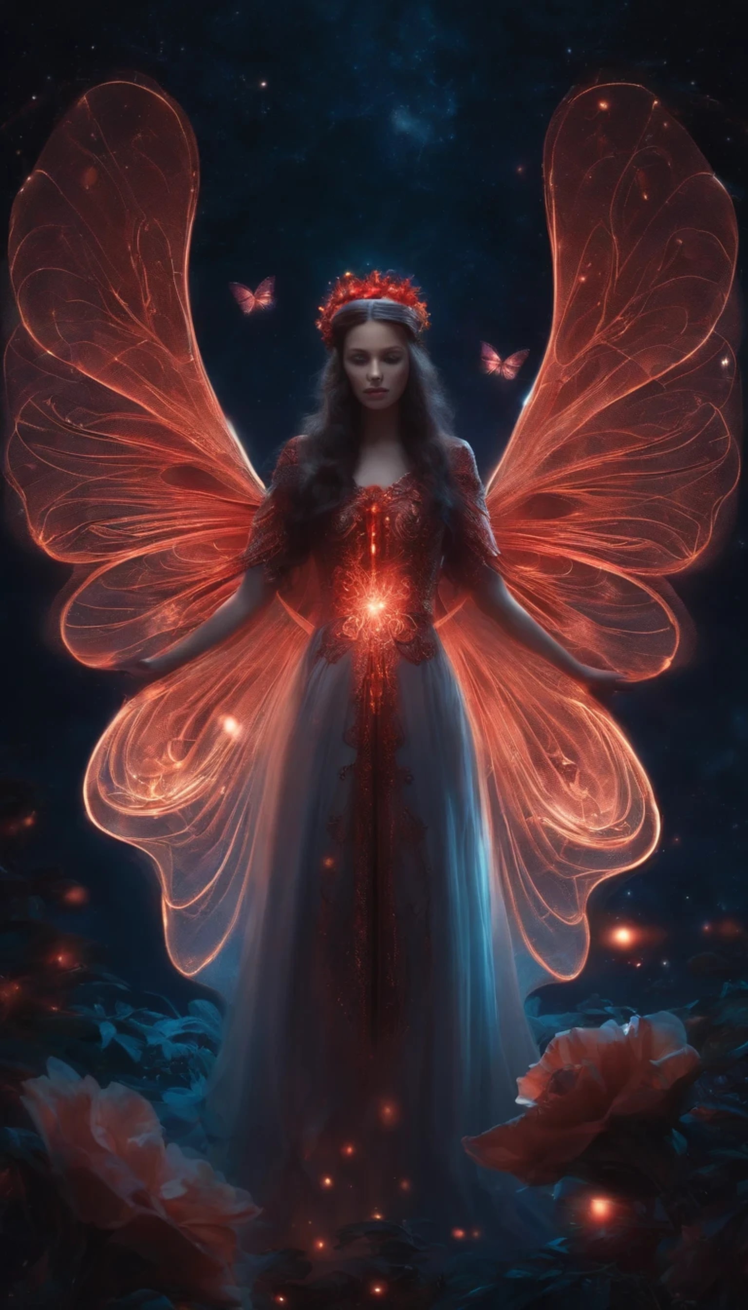 Absurd , High resolution, Super detailed, (One girl:1.3), break, Fantastic dresses, hat, break, Light Persona, Dark person, Mind control, fractal, whole body, Sealing, Artistic Background, Blue bioluminescence, Geometric, organic, bless, agreement, Sublime, Majestic, Noble, expand, solvable, anti-gravity, antimatter, guardian angel, holy, sacred, spiritual, Dignified, Red bioluminescence, flower, Holographic Wing, magic cirlcle, Photon, butterfly, scale, Milky Way, Beark,