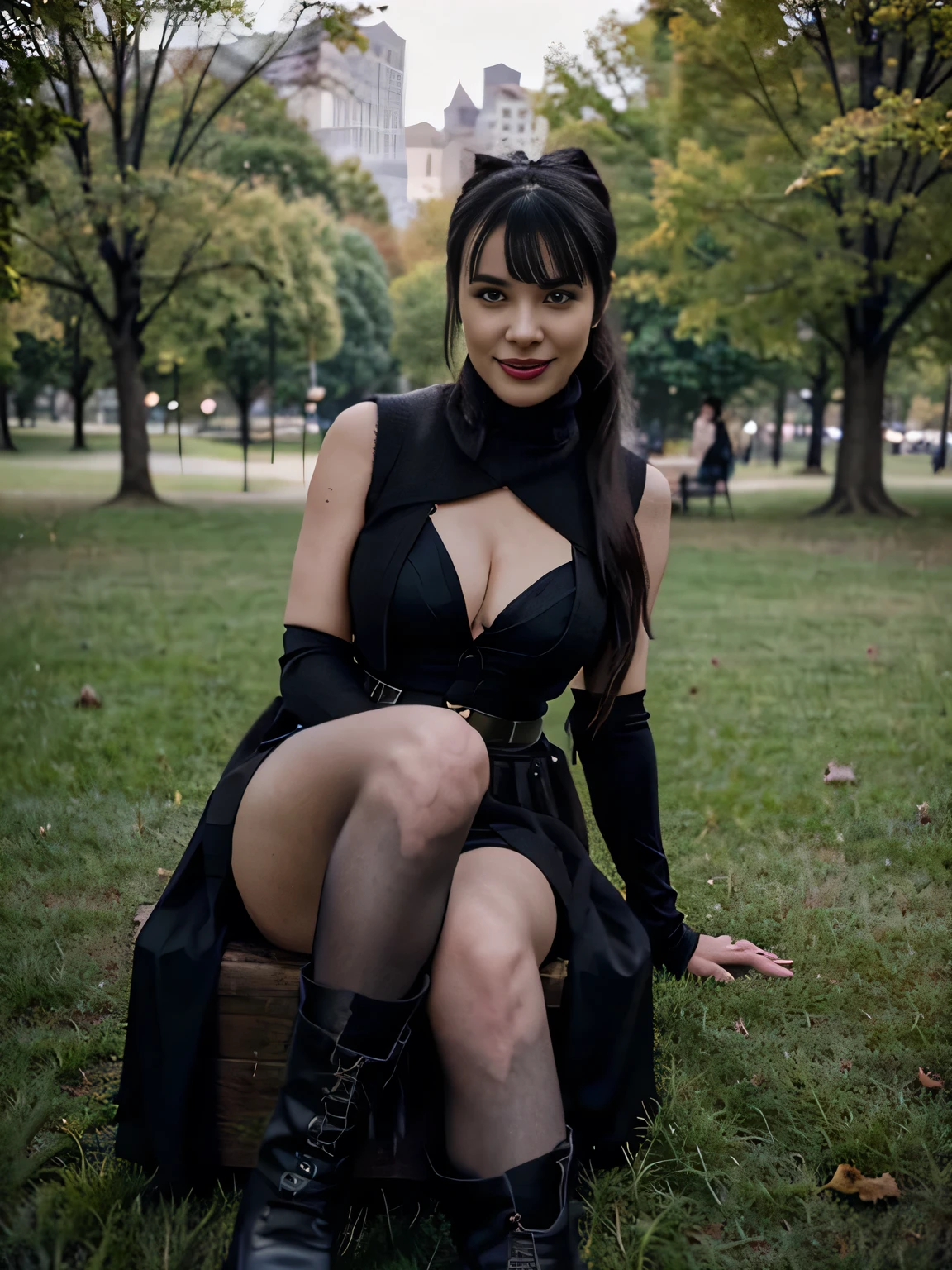 beautiful girl that looks like Bettie page, smile, updo, ponytail hair, black long maxi-skirt(black long maxi-skirt:1.2), black satin gloves,high boots, ((and a long woolen vest )), flirting with the camera, opne legs, hand bag on her shoulders, sitting on teh grass of central park,