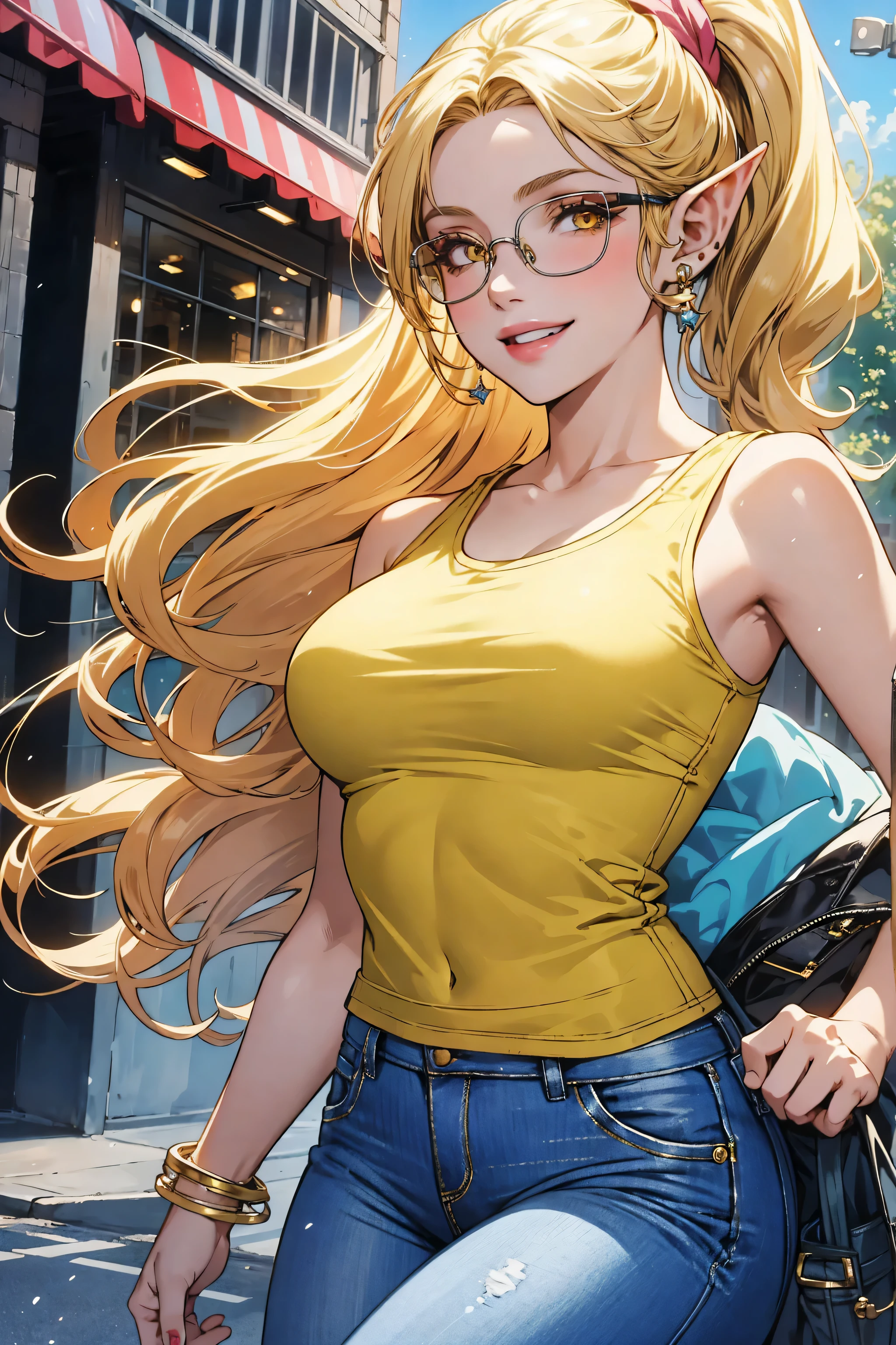 Masterpiece:1.2, ultra high quality:1.2, ultra detailed, intracate details, bright colors, elf woman, adult woman:1.4, solo, blonde hair, yellow eyes, pale skin, glasses, street scene, grinning, tank top, jeans, high ponytail, pink lips 