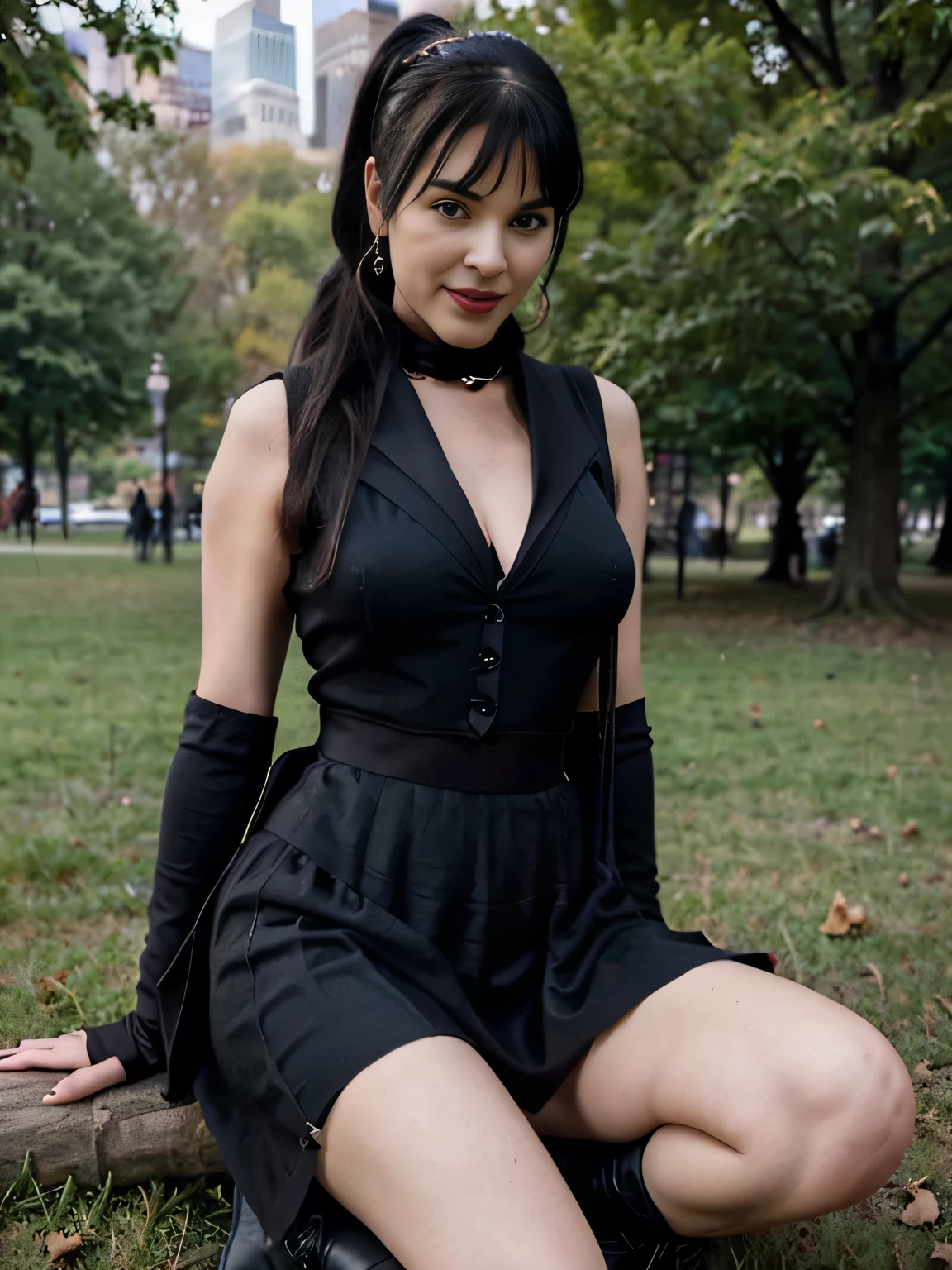 beautiful girl that looks like Bettie page, smile, updo, ponytail hair, black long maxi-skirt(black long maxi-skirt:1.2), black satin gloves,high boots, ((and a long woolen vest )), flirting with the camera, opne legs, hand bag on her shoulders, sitting on teh grass of central park,