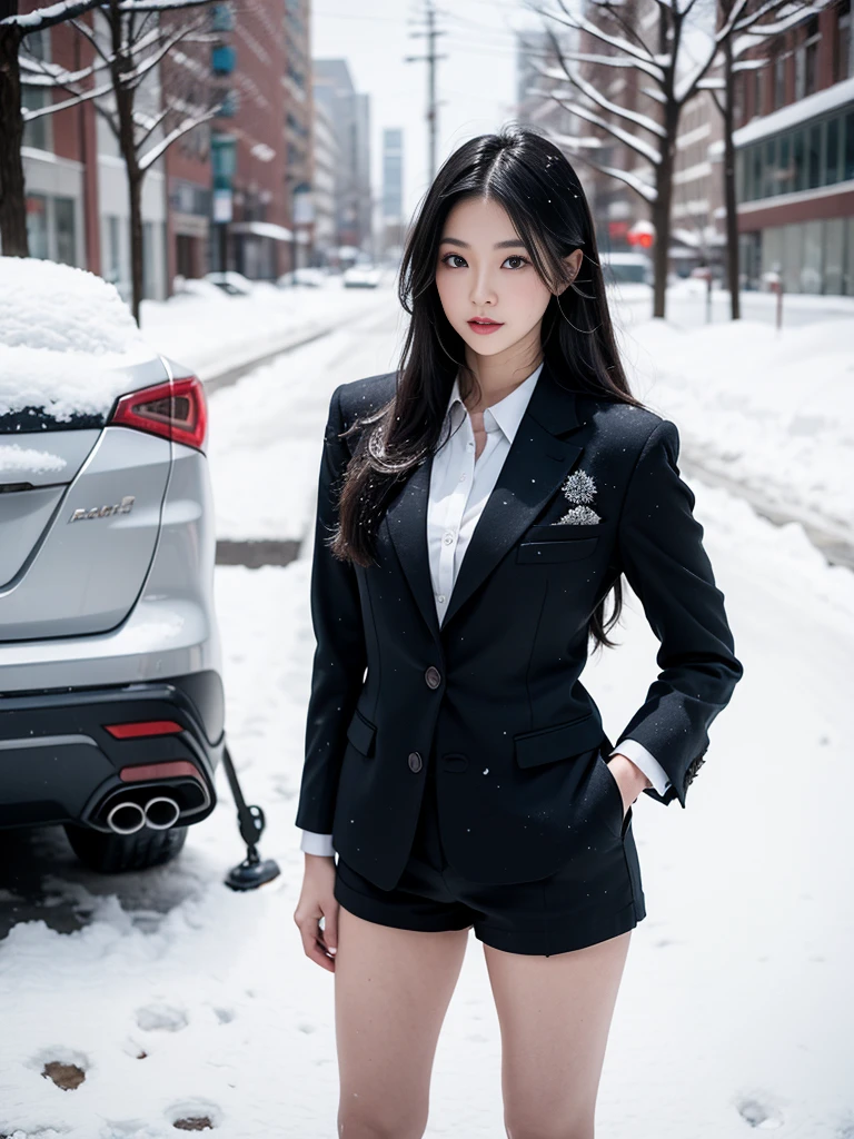 A Japanese Lady,beauitful face,double hair,Big eyes,Long Black Hair,suits,Micro shorts,arms in arms,beauty legs,Raw feet,Clean thights,tall,model poses,Oyuki,snow blowing,snow cover,