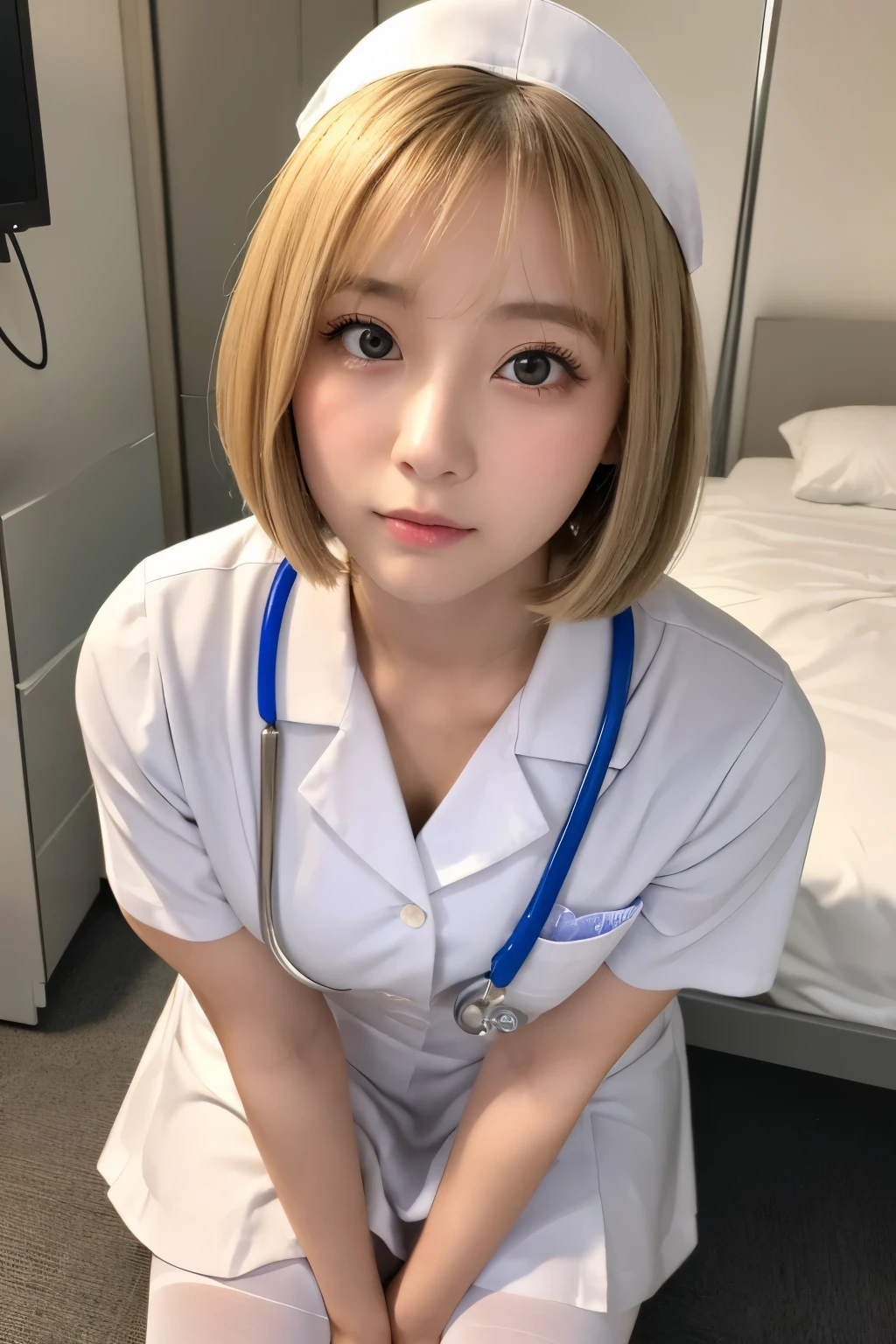 (1 Girl)、(Beautiful Japanese、18years old,round face、Refreshing、clear、seems kind、stylish、Pitiful、cute like an angel、cute、black eyes、,actress,Almond-shaped eyes), Good style , (Beautiful big breasts:1.0),(soft breasts),(very cute),(Blonde),(short bob hair),(enchanting eyes),(highlight on eyes:1.2)、(8K、Live shooting、highest quality、masterpiece:1.2、optimal lighting)、((masterpiece)),(Photo taken by a professional photographer),(real、photo real:1.4),break,{ (pink nurse costume),(((taraditional nurse uniform))),(pink nurse mini skirt),(( pantyhose)),(cleavage:0.7)},(Shy:1.4),(cheeks are red:1.3), break, break,Hospital,Face shot、Hospital corridor、Crouching