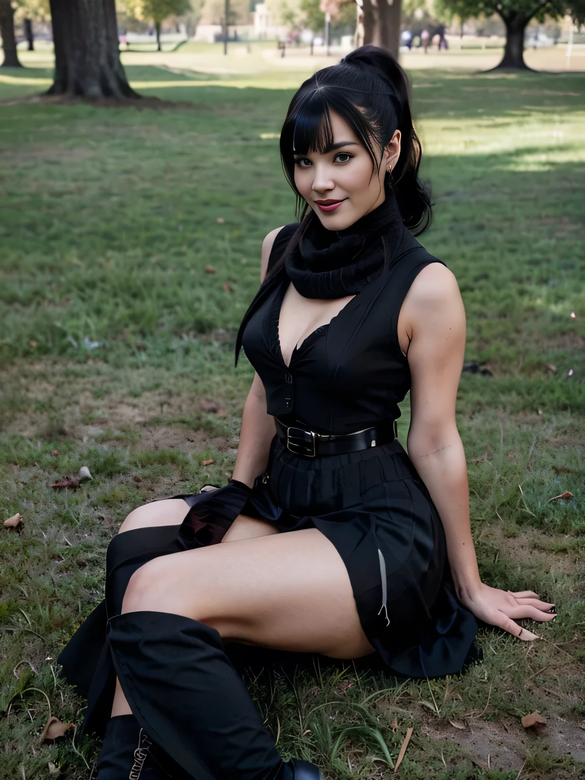 beautiful girl that looks like Bettie page, smile, updo, ponytail hair, black long maxi-skirt(black long maxi-skirt:1.2), black satin gloves,high boots, ((and a long woolen vest )), flirting with the camera, opne legs, hand bag on her shoulders, sitting on teh grass of central park,