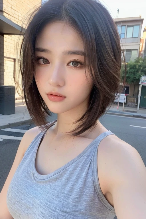 ((Best quality, 8k, Masterpiece :1.3)), Sharp focus: 1.2, Perfect Body Beauty: 1.4, Slim Abs: 1.2, ((Layered hairstyle: 1.2)), (Tank top shirt:1.1), (Street: 1.2), Highly detailed face and skin texture, Fine eyes, Double eyelids