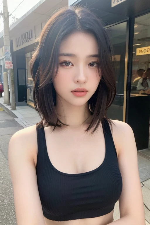 ((Best quality, 8k, Masterpiece :1.3)), Sharp focus: 1.2, Perfect Body Beauty: 1.4, Slim Abs: 1.2, ((Layered hairstyle: 1.2)), (Tank top shirt:1.1), (Street: 1.2), Highly detailed face and skin texture, Fine eyes, Double eyelids
