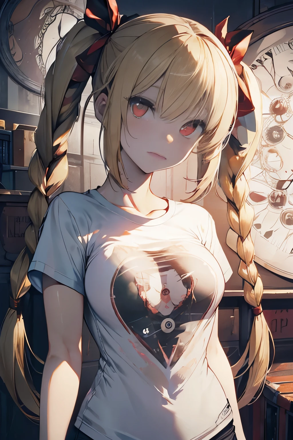 Optimal，masterpiece，High resolution，highest quality，Hyper HD，Very detailed，Award-winning，16k，alone，（Upper Body），Correct Anatomy，Beautiful Cyberpunk Girl，Upper Bodyの写真、Cute face，，blonde、Long Hair、Twin tails、Braid, Hairline，（（Scarlet Eyes）），Long eyelashes，Drooping eyelids，White skin，((Shoot from the front:1.5)), ((Tight T-shirt:1.5)), ((Clock Top:1.5))、rocket , (Large Breasts),