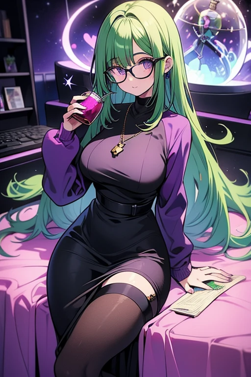 A green haired woman with purple eyes with an hourglass figure with glasses in a purple sweatshirt dress is drinking ice tea by a computer