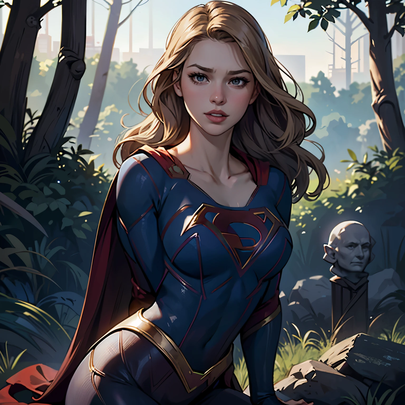 ((highest quality)), ((masterpiece)), (be familiar with), (High definition), (Realistic), (Realistic), (Best Shadow), Low contrast, (Complex:1.4), Side lighting, 8K, ((melissa Benoist)), ((SUPER GIRL)), Perfect Face、Detailed、(Accurate hand and finger depiction)、supergirl women、Blonde、Voluptuous body、((Large Breasts))、Narrow waist、Big Ass、Alluring、glamorous、((Bust Shot))、sweating、On the grass、in the deep forest、blue sky、((Chest up:1.5))