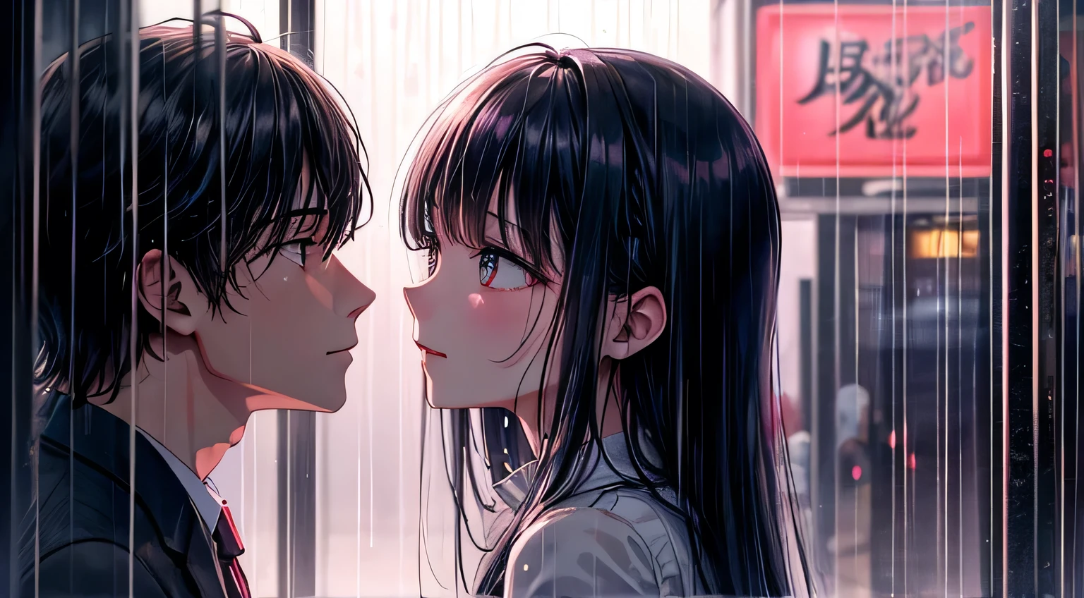 in the rain、Man and woman gazing at each other、Neon Light、Raindrops、Rain-soaked hair、Perfect facial expression、Perfect hair description、