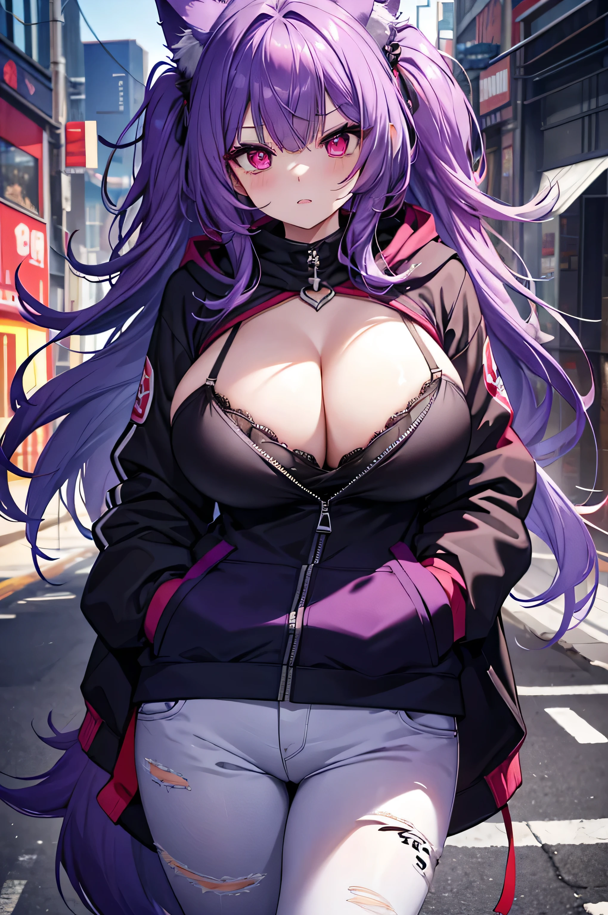 Wolf Woman, Big Breasts, Voluminous purple hair, masterpiece , Red eyes、Double teeth、tooth、Blushed cheeks、 hd, Head to Chest, buried in my chest、Underbust、Cleavage、hoodie、hot pants、Hands in pockets