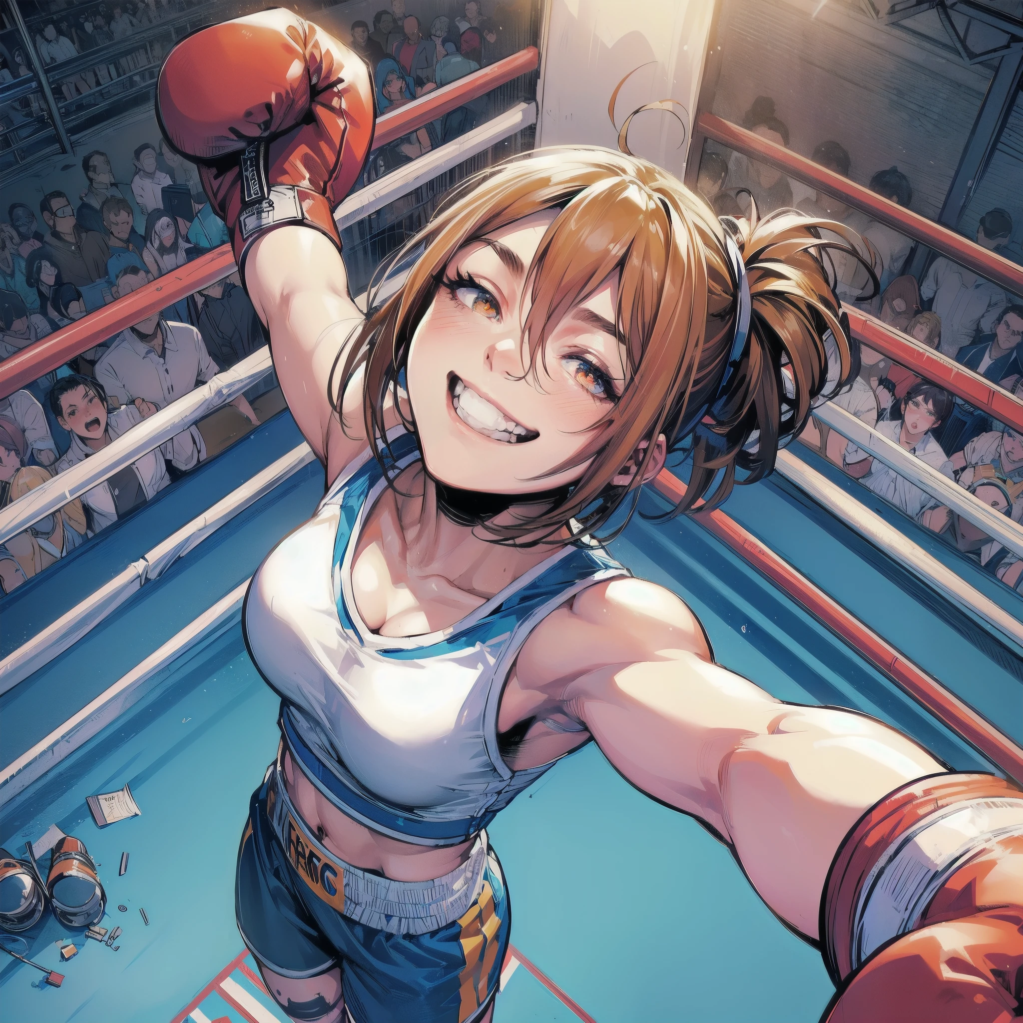 high quality,HD,16k,sharp lines,1 girl,Female boxing athlete ,cute face, large breasts, nice legs,At the boxing venue,focus girl,detailed beautiful face,detailed clothes,beautiful eyes,cool,dynamic angle