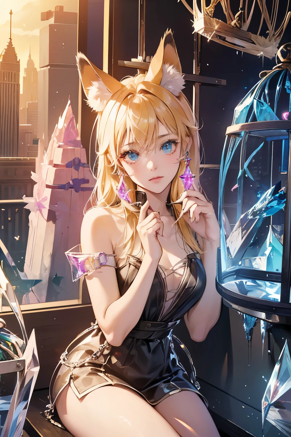 nffsw, cup, ((in container)), (masutepiece:1.6, Best Quality), (finely detailed beautiful eye: 1.2), phyami, Yami Yugi, 1girl in, Solo, Sitting, Blonde hair, (Cat's ears), Long hair, Red Eyes, Black wings, Bare shoulders, Hair intake, 鎖骨, (Beautiful breasts),Choker,halterneck, Feathered wings, Collar, Anime coloring, hair between eye, criss-cross halter, Black Dress, Bangs, Very long hair, lightsmile, blue lights