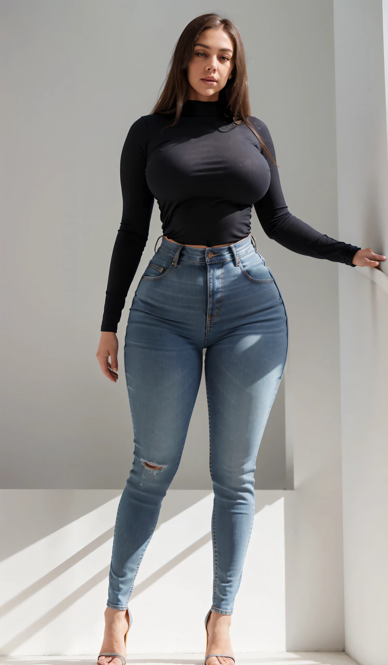 a woman in jeans and heels standing on stairs, skinny waist and thick hips, wearing tight simple clothes, curvy hourglass figure, wide hips, perfect and proportional body, tight outfit, thick body, tight denim jeans, hourglass figure, thick thighs, curvy figure, accentuated hips, perfectly shaded body, short flat hourglass slim figure, attractive feminine curves