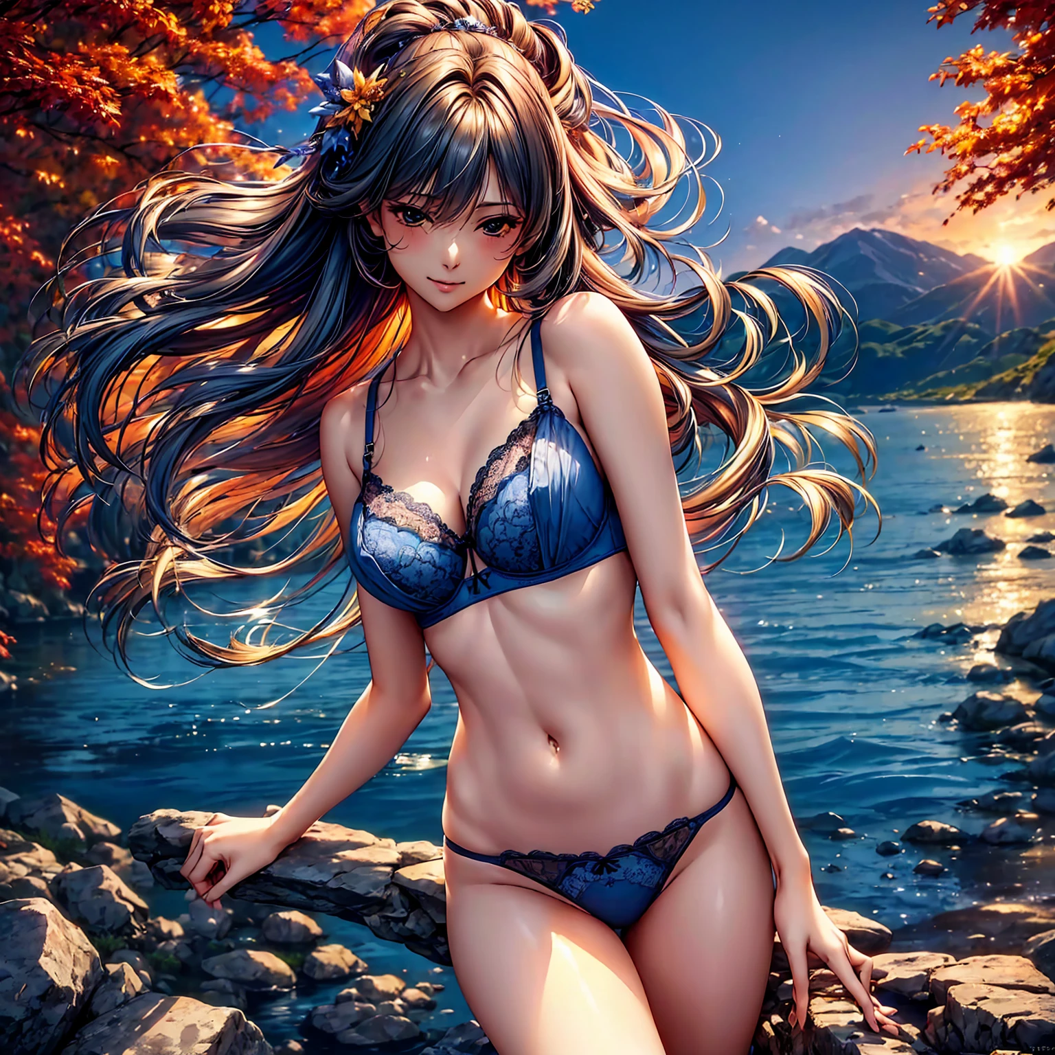 (((highest quality、masterpiece、Very high resolution、Highly detailed images)))、Beauty Painting,A woman of perfect and ultimate beauty:18-year-old, Beautiful body,Beautiful breasts:F Cup、Beautiful Face:smile、Various Hair Styles、Best skin and hair texture、((underwear:Cute blue bra and panties)),Mystical Waterfront:Beautiful waterfall and autumn leaves,Night Sky:Starry Sky,Natural light,Beautiful views,Beautiful colors,Model shoot:Beautiful pose,Hair blowing in the wind,Overall image、Accurate Images、Accurate anatomy、Flawless images,Perfect image,Overall image,(Best Shot,RAW Photos:1.2)