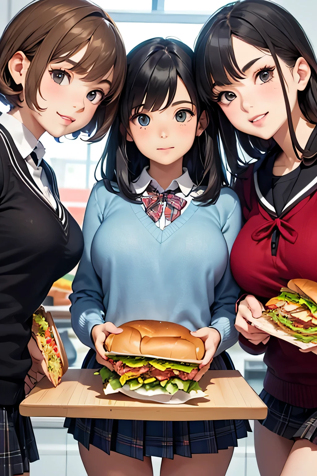 highest quality、High resolution、Detailed Background、(Beautiful face in every detail:1.4)、Anatomically correct、(Draw the usual number of fingers:1.2)、(Detailed facial expressions)、(Detailed eyes:1.2)、(Detailed eyes:1.2)、Beautiful, smooth skin、Beautiful girl in her 20s、(Huge breasts:1.3)、(Highly detailed face:1.4)、cute hair color、Bobcut、Braided long hair、Wavy Hairstyle、well-groomed eyebrows、Perfect body line、Sailor suit、light blue sailor color、Pleated skirt with tartan plaid pattern、Brightly colored school cardigans、White knee-high socks、In a joking manner、Cowboy Shot、
(Three beautiful girls enjoying sandwiches:1.5)、
Subway is a fast food chain that specializes in healthy sandwiches.、
The reason it is popular among young people is that it is customizable, allowing you to choose your own ingredients, and that you can enjoy a healthy sandwich.、cute