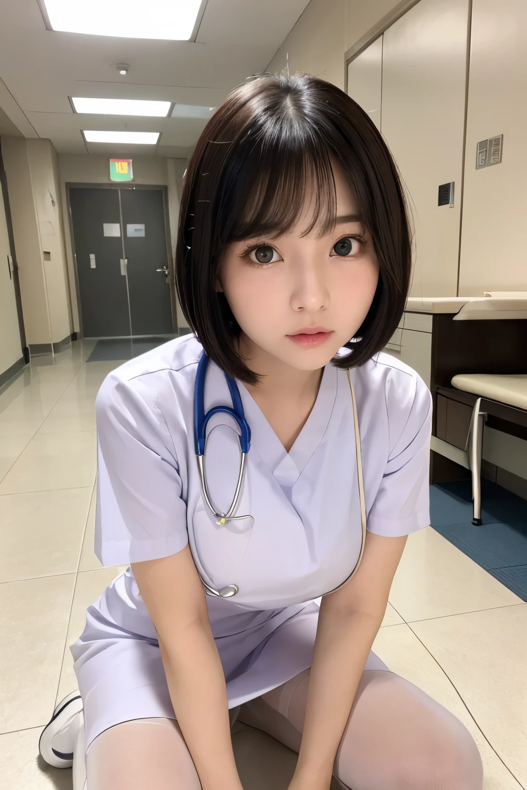 (1 Girl)、(Beautiful Japanese、18years old,round face、Refreshing、clear、seems kind、stylish、Pitiful、cute like an angel、cute、black eyes、,actress,Almond-shaped eyes), Good style , (Beautiful big breasts:1.0),(soft breasts),(very cute),(Black Hair),(short bob hair),(enchanting eyes),(highlight on eyes:1.2)、(8K、Live shooting、highest quality、masterpiece:1.2、optimal lighting)、((masterpiece)),(Photo taken by a professional photographer),(real、photo real:1.4),break,{ (White nurse costume),(((taraditional nurse uniform))),(White nurse mini skirt),(( pantyhose)),(cleavage:0.7)},(Worried face:1.4),(cheeks are red:1.2), break, break,Hospital,Face shot、Hospital corridor、Frog-sit on the floor