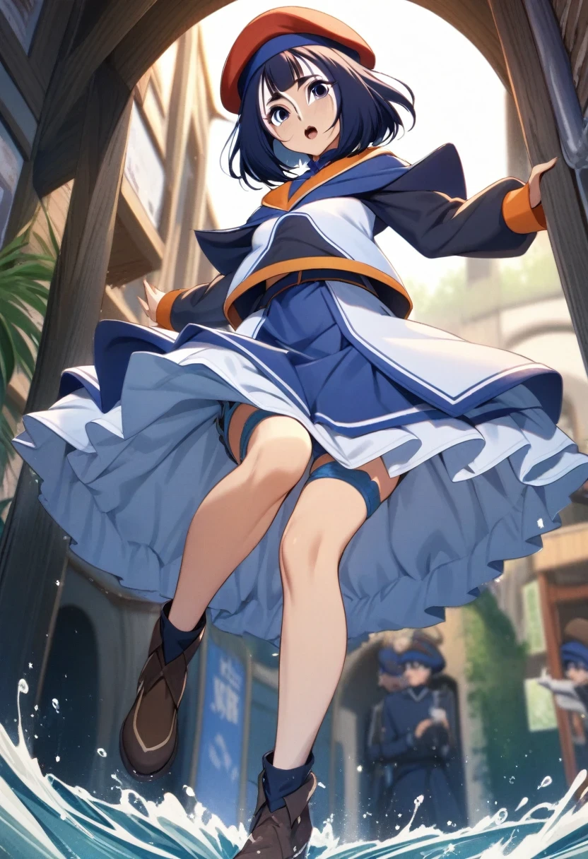 (shylily/(Twich/):1.5),(masterpiece:1.2),(best quality:1.2),, (1girl:1.3),(iwanagaskirt:1.2), ,(Berets:1.8), 1 girl, Berets, black bow, blue skirt, bow, Brown footwear, sugar cane, skirt, hair bow, have, Keep, Keep sugar cane, Juliet Sleeves, , Long sleeve, Looking at the audience, petticoat, Puff sleeves,short hair, skirt, Solitary, Thigh straps, Raise your legs, white skirt, White tiara, white Raise your legs, Rapid Water Conservancy