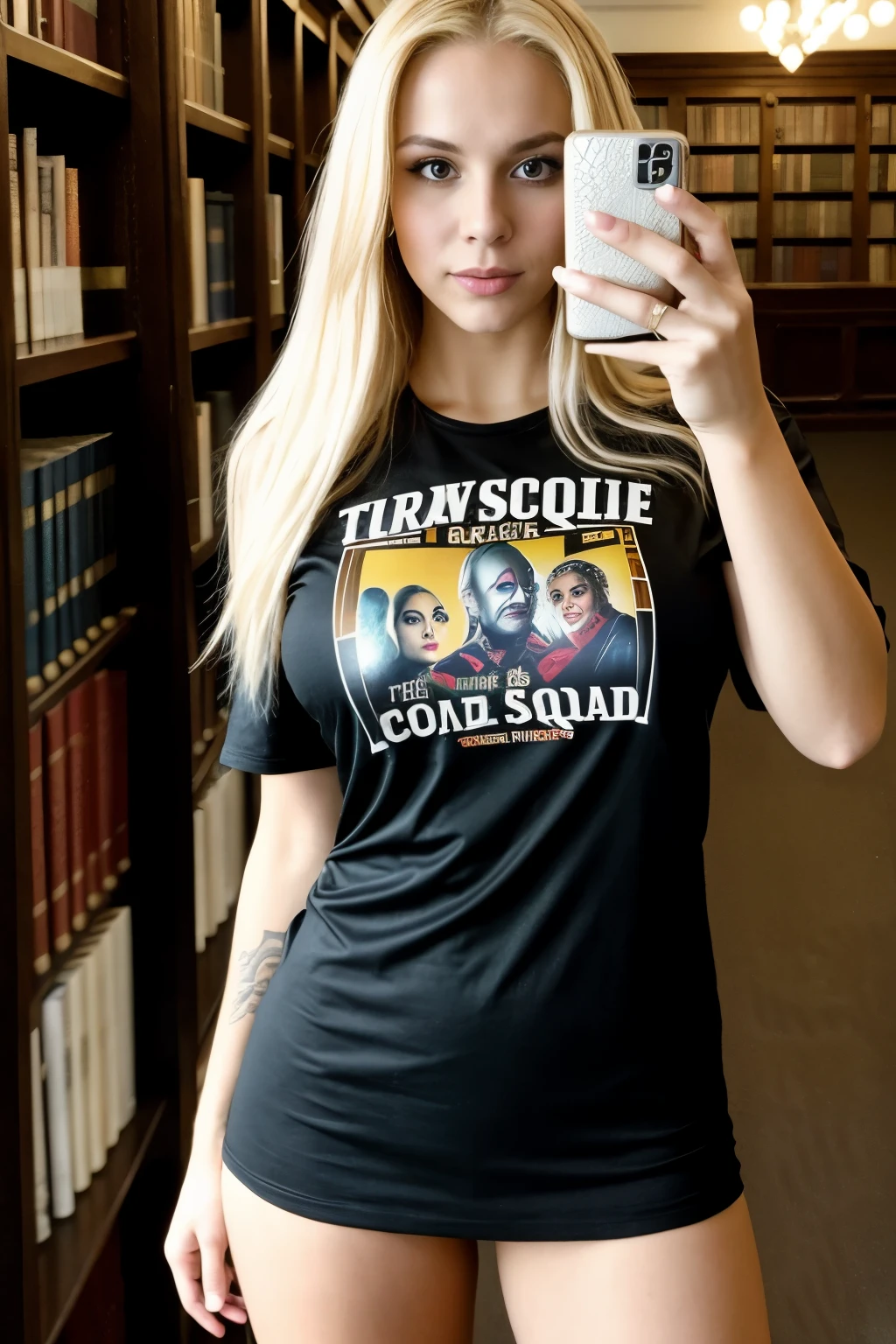 A 23-year-old blonde woman, with large breasts and hints of light brown roots in her long, gorgeous blonde hair, is seen taking a selfie in front of a digital library. The image is of exceptional quality, a true-to-life masterpiece, captured in high definition 4k, in the elegant style of a Suicide Squad character. The blonde woman wears a black escotada shirt, and her cleavage is accentuated in the selfie. The library background is in focus, with volumeric lighting and intricate details, creating a dramatic and cinematic effect. The selfie was skillfully taken with an iPhone and edited using Adobe Lightroom or PhotoDirect