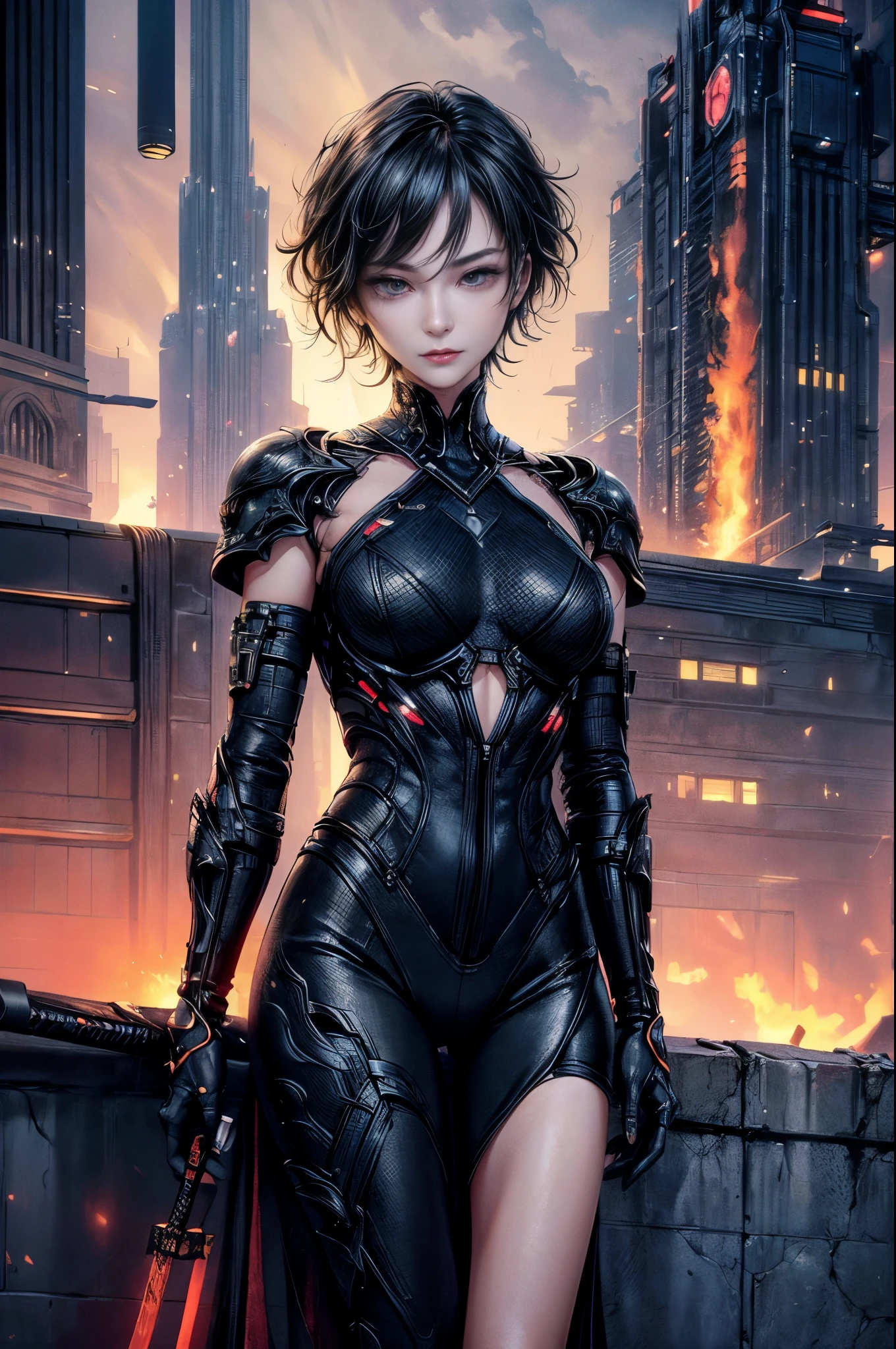 Cinema Lighting,Highly detailed skin、Beautiful quality with attention to detail,cyber punk,(replace、Dim color, Calm tone、Perfect Anatomy:1.3),(1 Beautiful Woman、Beautiful facial features down to the last detail、solo:1.3)(Black short hair)Smile a little、(1 Hold a samurai blade in your hand)break. Tight black leather suit、Catwoman-like、 break.night中(night、Futuristic city building rooftop、A fire broke out in a nearby building.)、Japanese