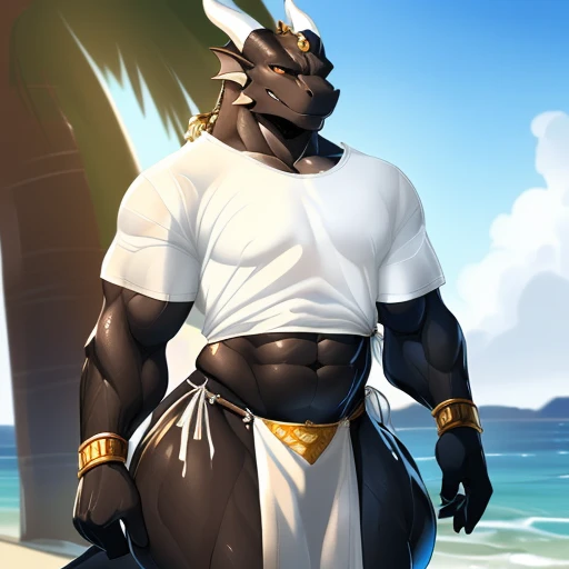 hi res,(((dragon))), ((( black body))), anthro, , , ((((long loincloth)))), ((((lingerie bikini, s\ex\y bikini, side-tie panties, tiny black thong)))), (((( male,  , anthro, slim, skinny, )))), male, , anthro, , slim, Skinny, tail, adults, mature, (((male))), (((((((((solo))))))))) outside, plant, standing, sea, tree, (water), detailed background,by milkytiger1145,by takemoto arashi,by null-ghost, cold atmosphere, open smile, soft  blush, , (((((((((((wearing white tshirts))))))))))), (((((((((muscular thighs, thick thighs, wide hips))))))))), (((((golden accessory, loincloth accessory, loincloth jewelry, jewels and ornaments for loincloth, s\ex\y loincloth, belly dancer outfit, long pelvic curtain, narrow loincloth)))))