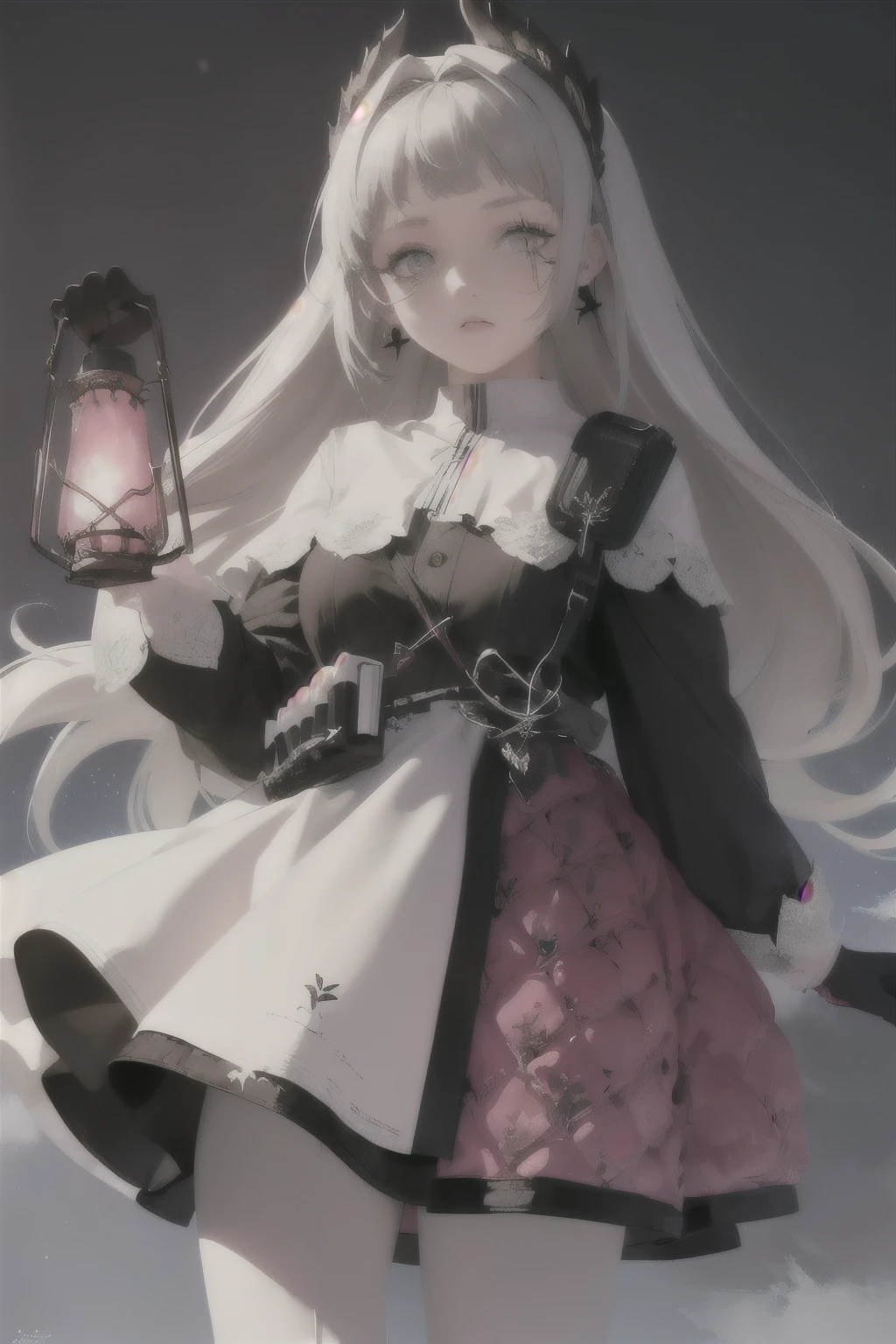 (masterpiece, best quality:1.2), solo, 1girl, grey hair, teal eyes with yellow pupils, irenedef, expressionless, looking at viewer, black jacket, long sleeves, black gloves, white skirt, white pantyhose, earrings 