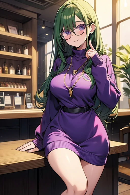 A green haired woman with purple eyes with an hourglass figure with glasses in a purple sweatshirt dress is getting coffee in a coffee shop