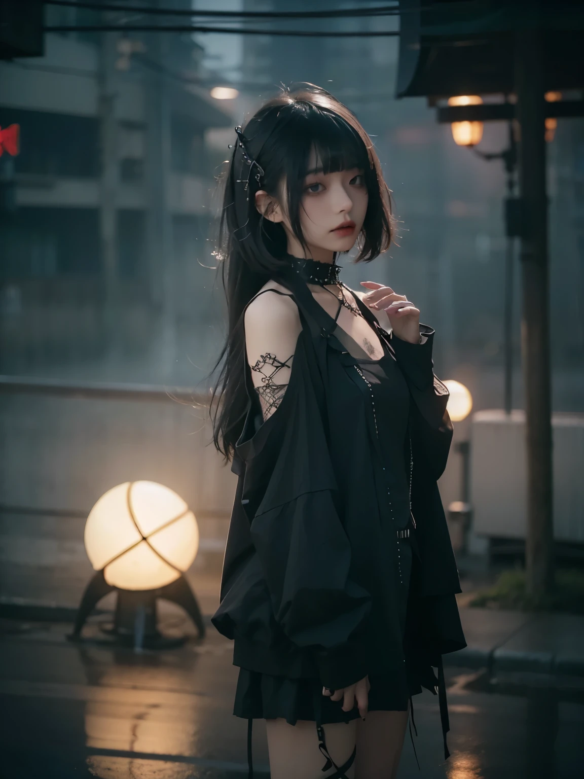 minimum, harmony, tranquility, fog , Perfect and 美しい concrete background, cinematic light, 1 girl, 24-years-old, slender, floating Medium Hair, bangs, (Gothic_Punk:1.2), masterpiece, best quality, RAW Photos, sigma 50mm f1.4, candytt, Detailed costume