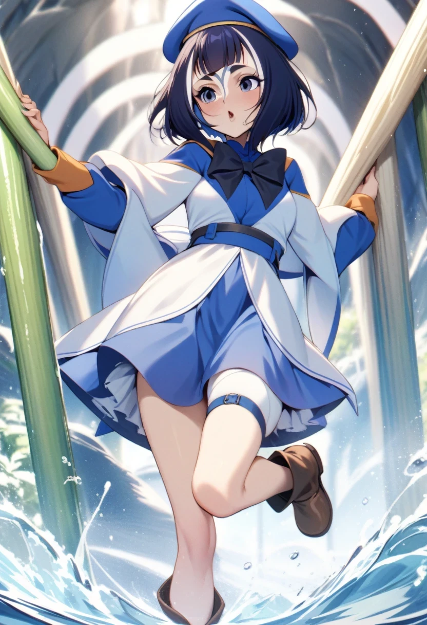 (shylily/(Twich/):1.5),(masterpiece:1.2),(best quality:1.2),, (1girl:1.3),(iwanagaskirt:1.2), ,(Berets:1.8), 1 girl, Berets, black bow, blue skirt, bow, Brown footwear, sugar cane, skirt, hair bow, have, Keep, Keep sugar cane, Juliet Sleeves, , Long sleeve, Looking at the audience, petticoat, Puff sleeves,short hair, skirt, Solitary, Thigh straps, Raise your legs, white skirt, White tiara, white Raise your legs, Rapid Water Conservancy