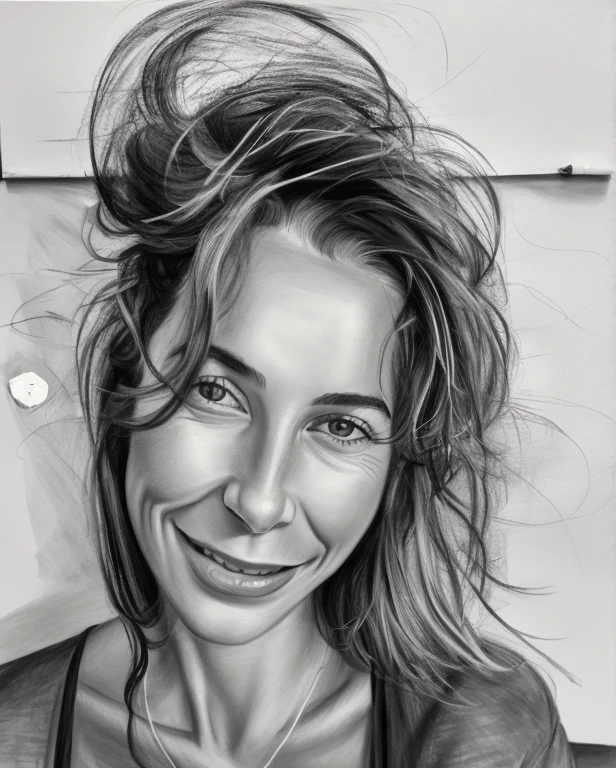 drawing with charcoal pencils, 4k, drawing of a woman with a big smile on her face, cartoon!!!, self - portrait!!!!, artist sketch, inspired by Nil Gleyen, portrait!!!!!!, ( (portrait)), art, charcoal portrait, pencil and charcoal, realistic sketch, art sketch, Art admirer, charcoal sketch, portrait, A pencil drawing, by Géza Udvary