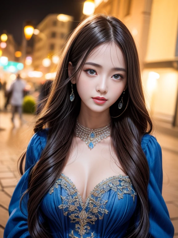 4K Ultra HD, masterpiece, girl, Nice face, Fine grain, Very long hair, Detailed lips, Very detailed dress, Blue clothes, Dim lighting, Blowing Wind