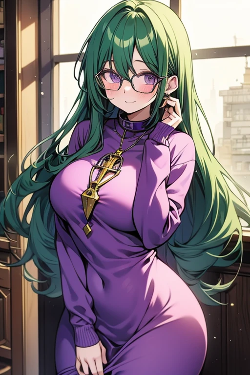 A green haired woman with purple eyes with an hourglass figure with glasses in a purple sweatshirt dress is blushing by an open window