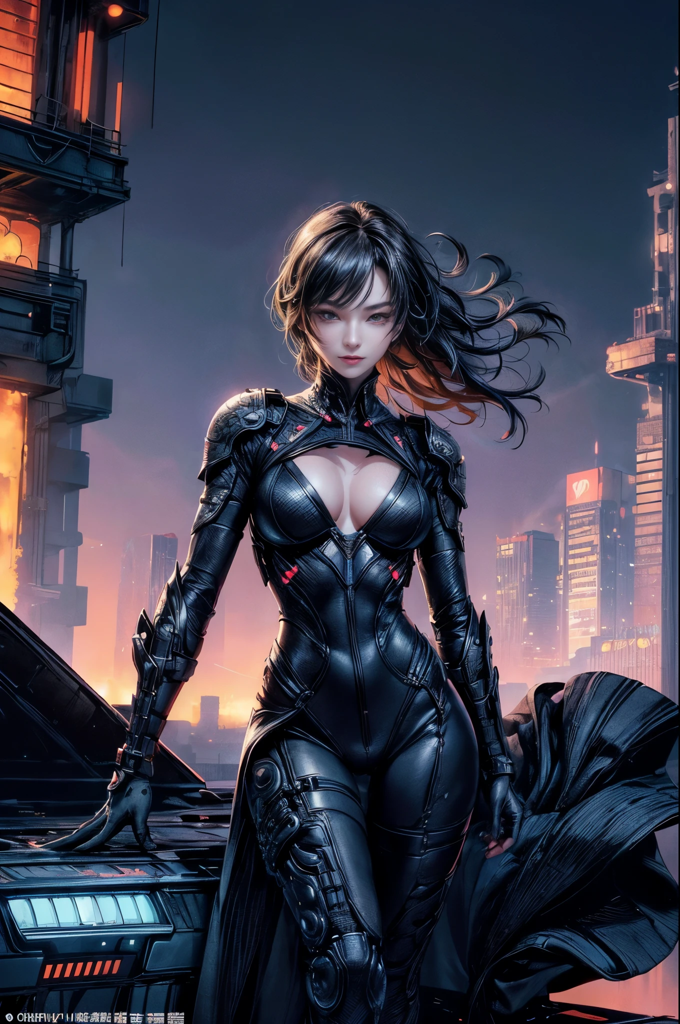 Cinema Lighting,Highly detailed skin、Beautiful quality with attention to detail,cyber punk,(replace、Dim color, Calm tone、Perfect Anatomy:1.3),(1 Beautiful Woman、Beautiful facial features down to the last detail、solo:1.3)（Black short hair）Smile a little、(1 Hold a samurai blade in your hand)break. Tight black leather suit、Catwoman-like、 break.night中(night、Futuristic city building rooftop、A fire broke out in a nearby building.)、Full body portrait、Photographed to look up、Beautiful standing posture
