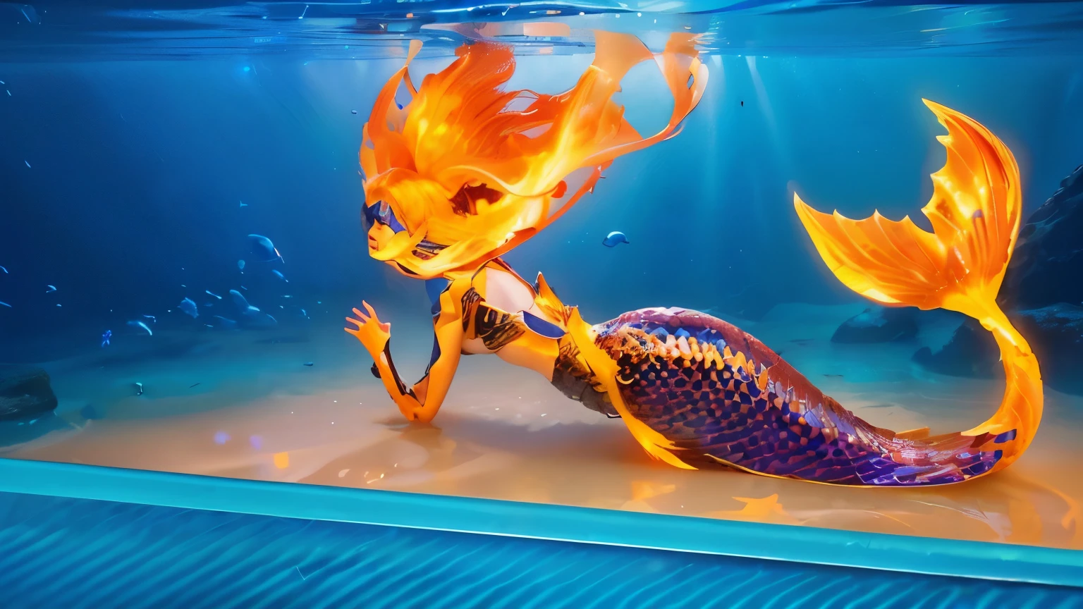 ember mermaid in a tank with a fish tail and a fish tail, as sea mermaid, game cg, splashcreen character art, stylized digital illustration, animated movie still, 3 d animated movie, animated film, cg art, in goldfish armor, siren, stylized digital art, nami, cg artist, closeup shot, fire!! full body, her hair is on fire, fireball lighting her face, firey, wearing tumultus flames, the background black, 4k, rim light, high resolution, 4k, smooth 3d model, multiple light sources, perfect cgi, cgi art created only with gradients, smooth silhouette, high intensity refraction, (super glossy chrome material), most beautiful vfx, blue background, in 4k resolution, allowing viewers to immerse themselves in the richness of the colors and intricate details. The realistic rendering. under the sunlight, reflecting, high-resolution image, realistic rendering, dark background, and rim light photorealistic