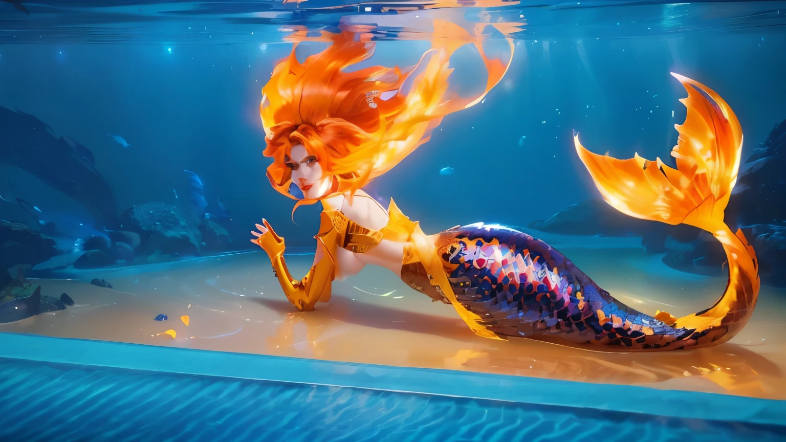 ember mermaid in a tank with a fish tail and a fish tail, as sea mermaid, game cg, splashcreen character art, stylized digital illustration, animated movie still, 3 d animated movie, animated film, cg art, in goldfish armor, siren, stylized digital art, nami, cg artist, closeup shot, fire!! full body, her hair is on fire, fireball lighting her face, firey, wearing tumultus flames, the background black, 4k, rim light, high resolution, 4k, smooth 3d model, multiple light sources, perfect cgi, cgi art created only with gradients, smooth silhouette, high intensity refraction, (super glossy chrome material), most beautiful vfx, blue background, in 4k resolution, allowing viewers to immerse themselves in the richness of the colors and intricate details. The realistic rendering. under the sunlight, reflecting, high-resolution image, realistic rendering, dark background, and rim light photorealistic