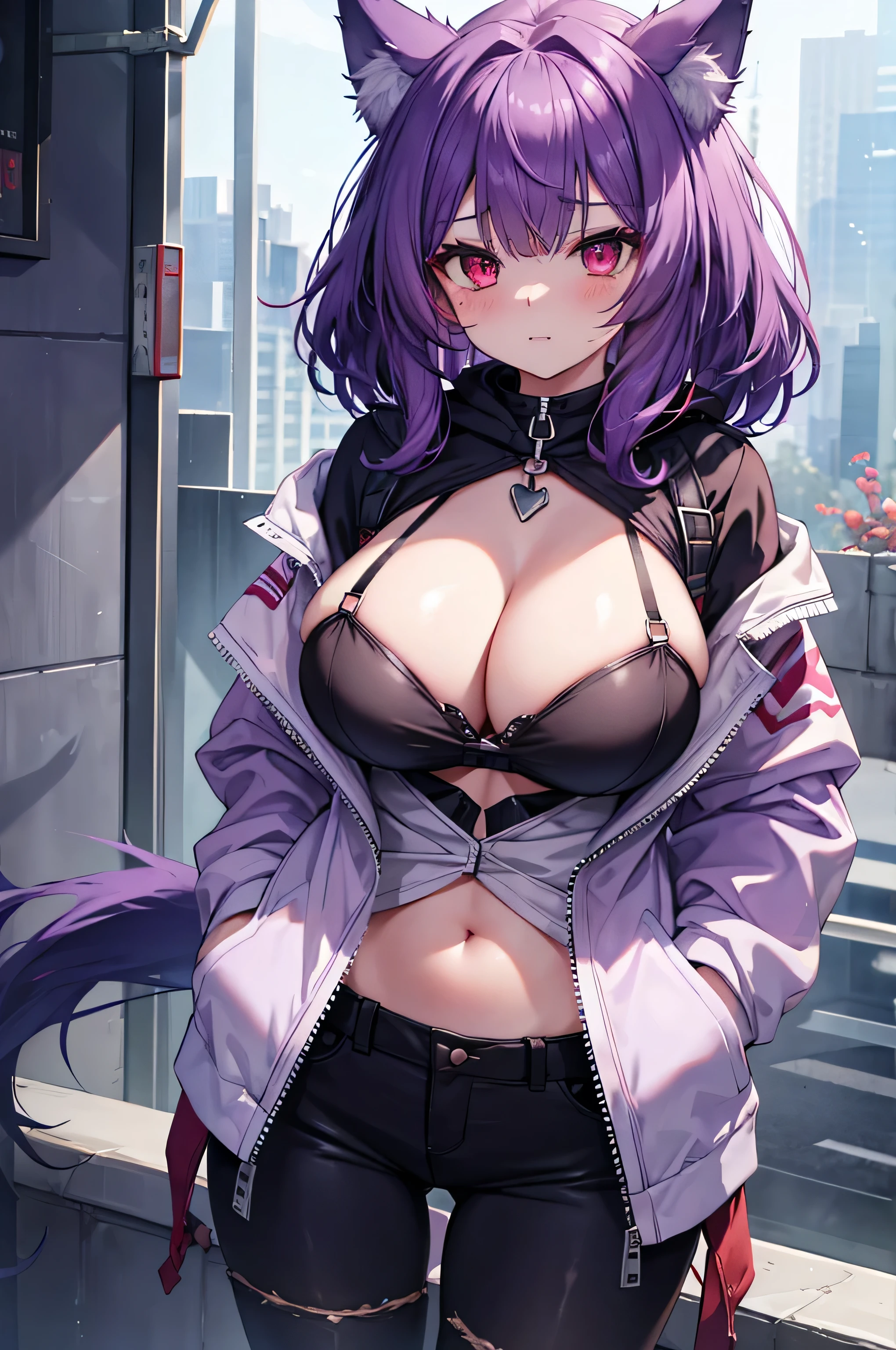 Wolf Woman, Big Breasts, Voluminous purple hair, masterpiece , Red eyes、Double teeth、tooth、Blushed cheeks、 hd, Head to Chest, buried in my chest、Underbust、Cleavage、hoodie、hot pants、Hands in pockets