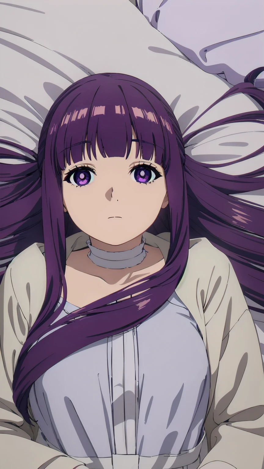 (((Pixel Perfect, Perfect detail))), One Girl, alone, From above, Fern, Long Hair, bangs, (Purple eyes:1.1), Purple Hair, Side Lock, blunt bangs, (Bright Eyes:1.5), Half Up,(Lying in bed:1.3), whole body